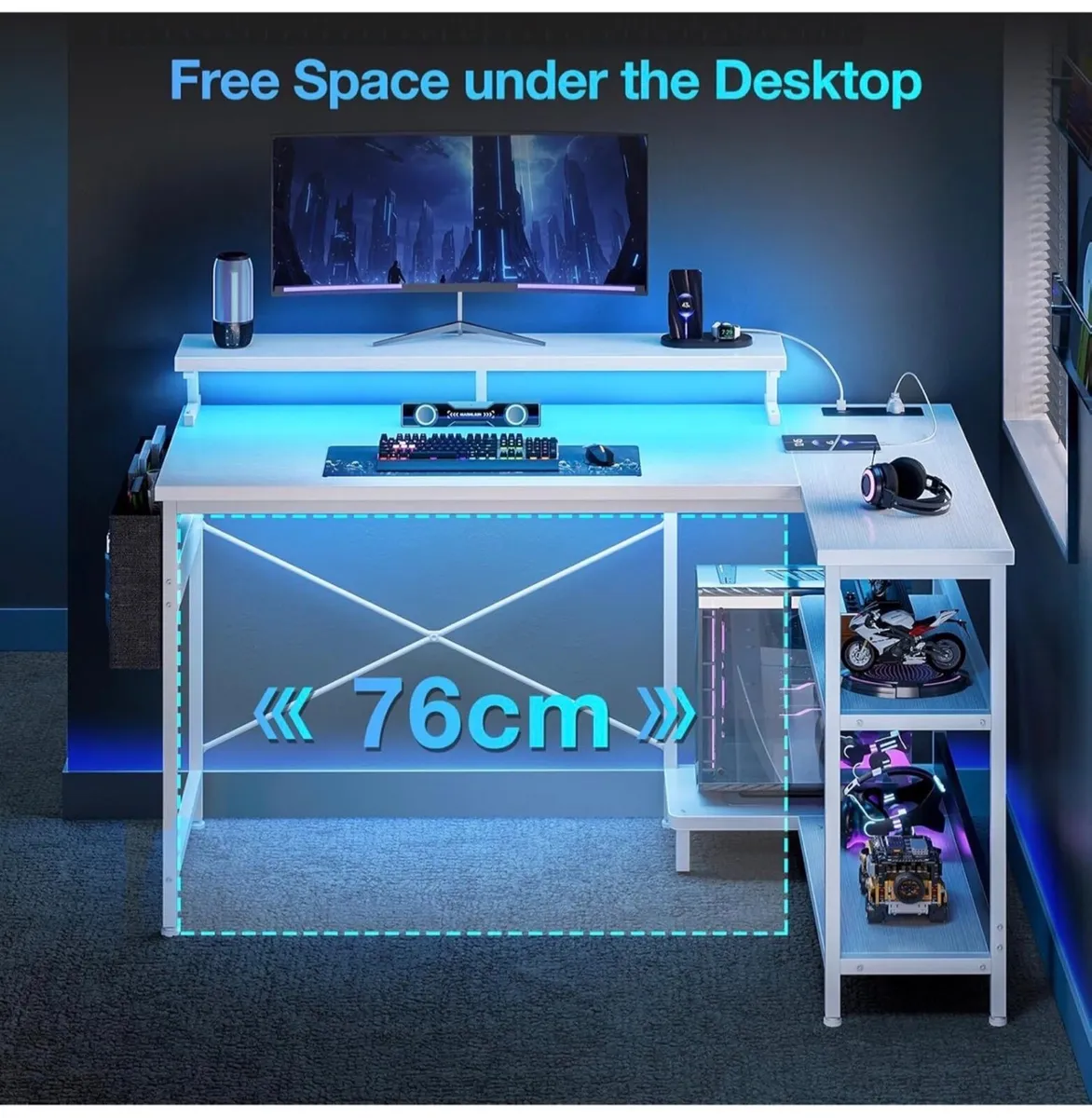L Shaped Gaming Desk with LED Lights, 100 × 70 cm - Image 1