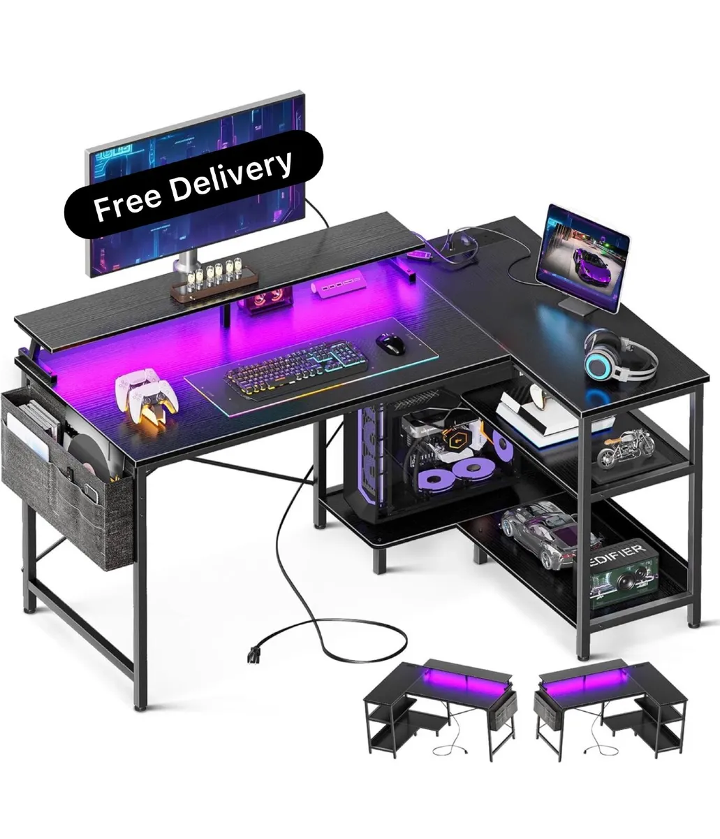 L Shaped Gaming Desk with LED Lights, 120 × 80 cm - Image 1