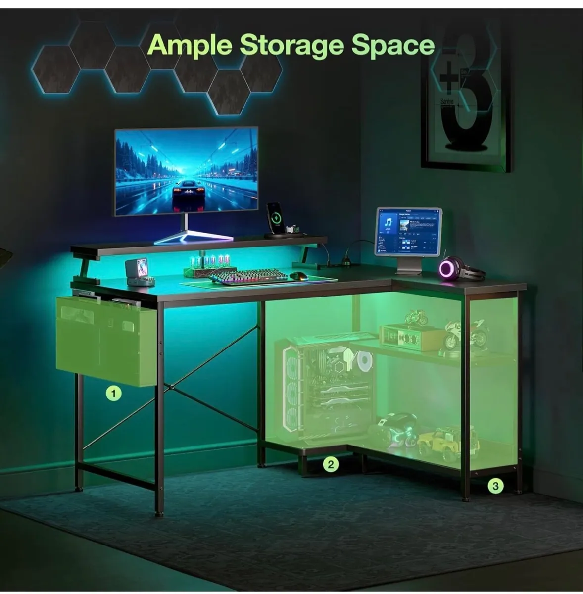 L Shaped Gaming Desk with LED Lights, 100 × 70 cm - Image 4