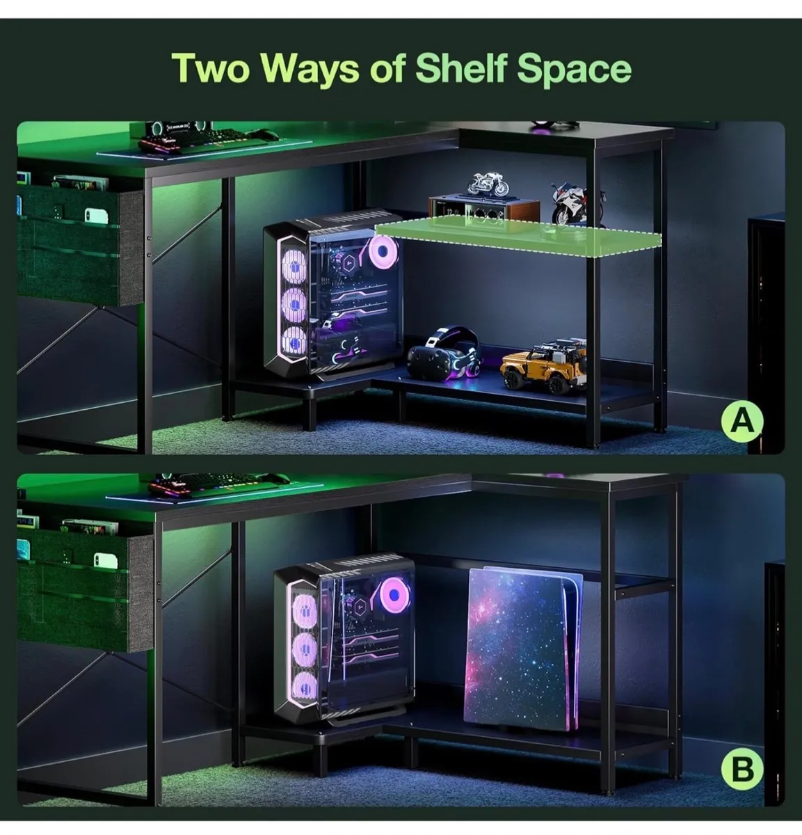 L Shaped Gaming Desk with LED Lights, 100 × 70 cm - Image 3