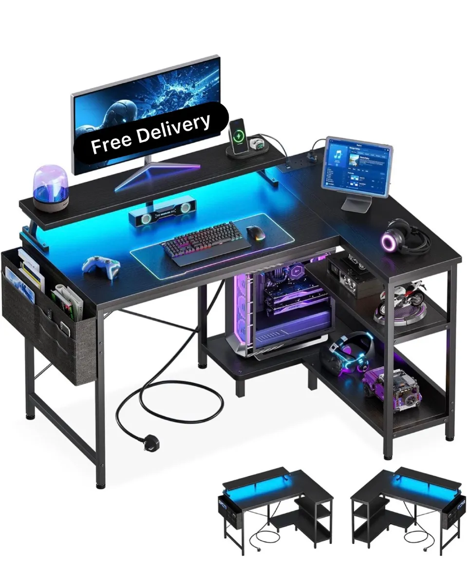 L Shaped Gaming Desk with LED Lights, 100 × 70 cm - Image 1