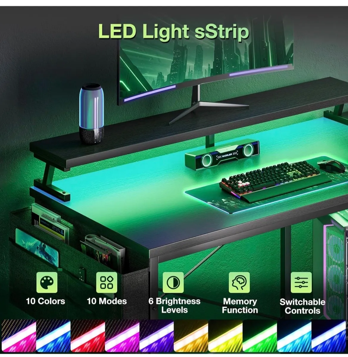 L Shaped Gaming Desk with LED Lights, 100 × 70 cm - Image 3