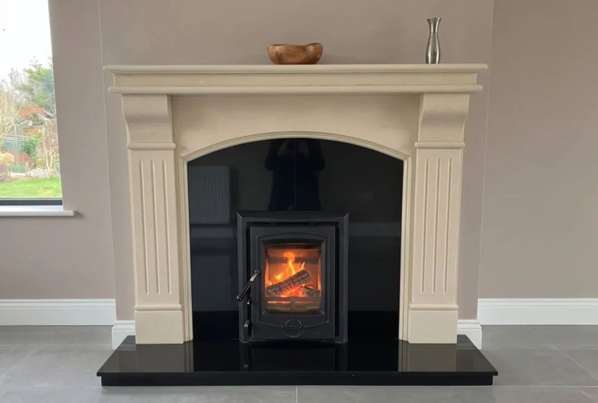Fireplace Set: Stove, Cream Mantel, Granite Hear - Image 1
