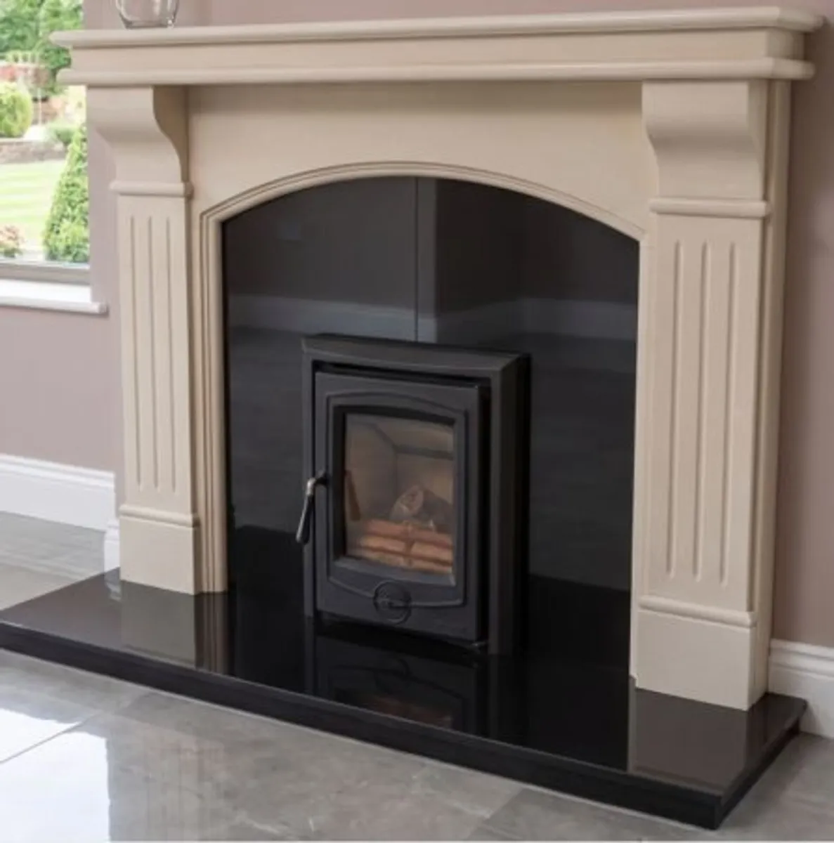Fireplace Set: Stove, Cream Mantel, Granite Hear - Image 2