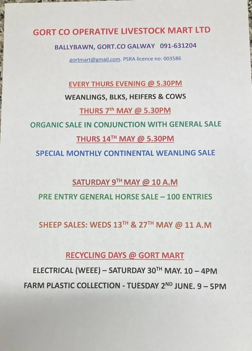 Gort Mart: Thurs 7th May. Organics & General