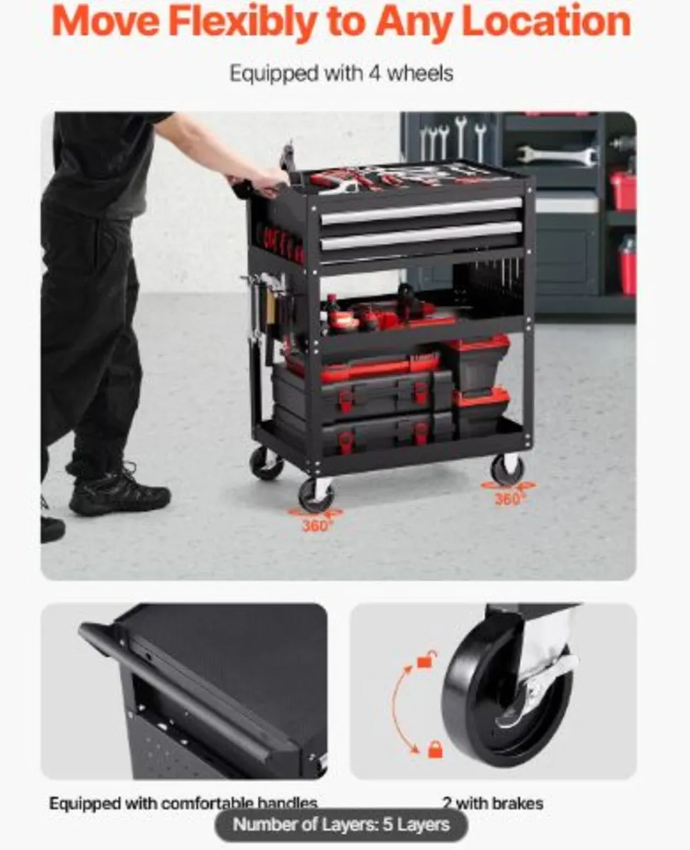 5-Tier Tool Cart with Wheels,400lbs Load Capacity - Image 2