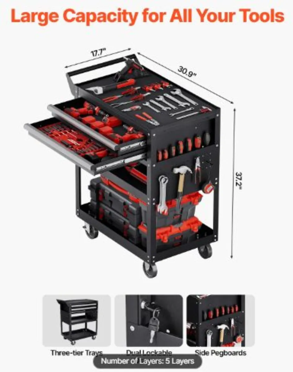 5-Tier Tool Cart with Wheels,400lbs Load Capacity - Image 4