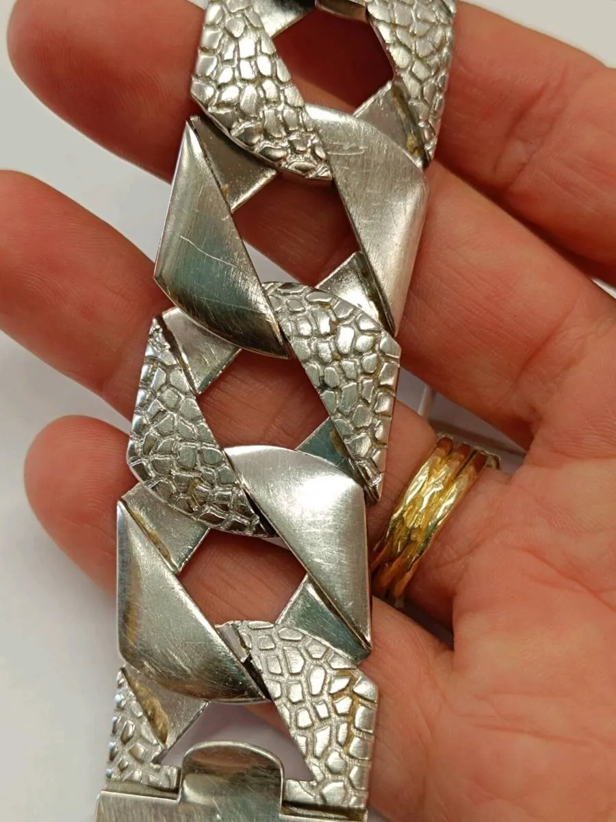 Heavy Sterling Silver Curb Chaps Bracelet - Image 3
