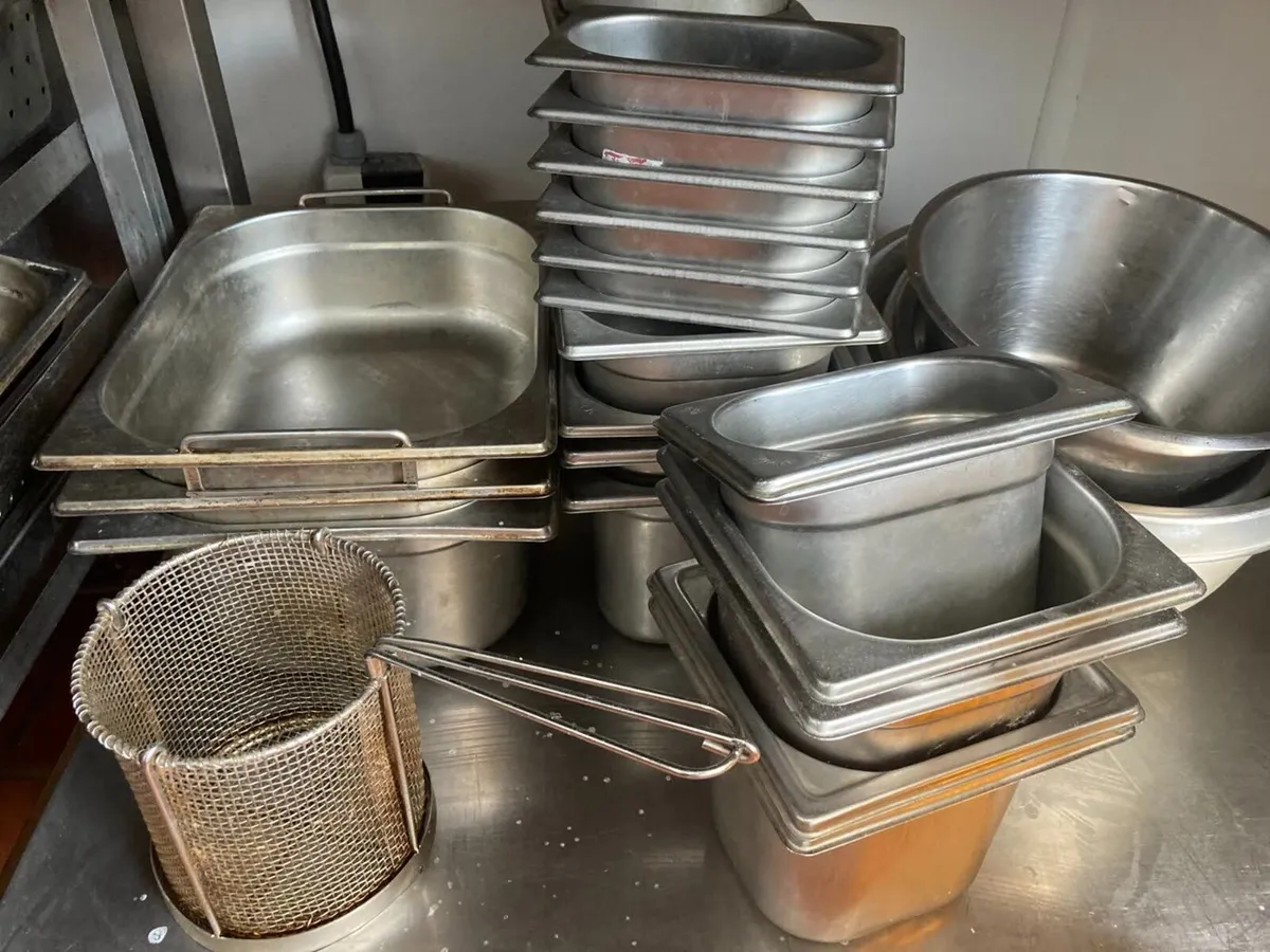 Large stock pots, pans, GN bundle and fryer basket