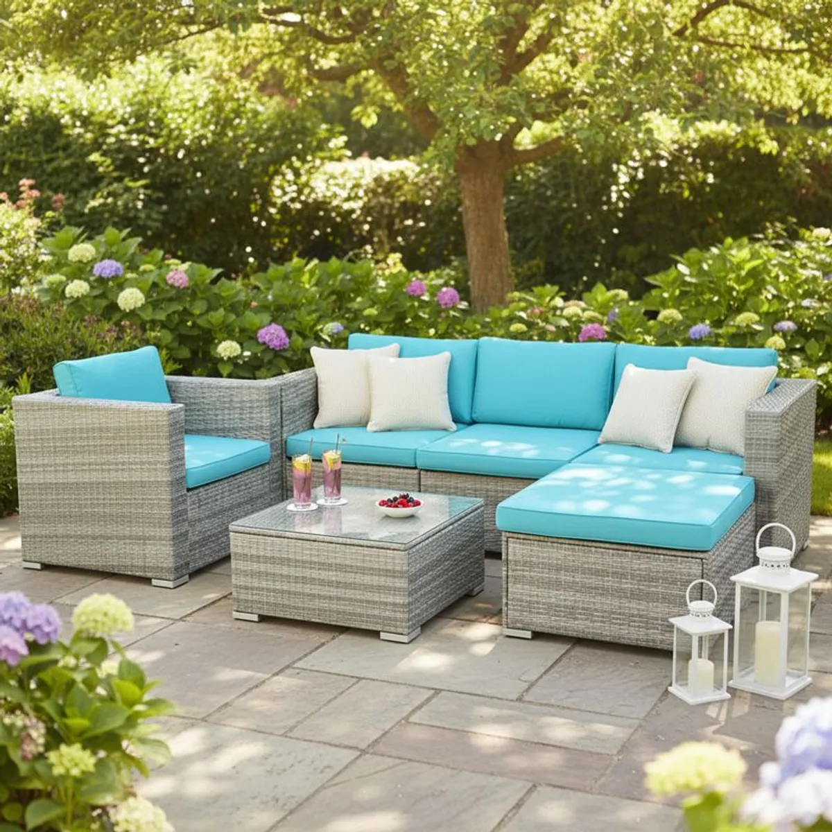 Bora Bora Garden Sofa Set Rattan Outdoor Furniture with Table, Chair & Footstool Patio Garden Furniture - Image 1