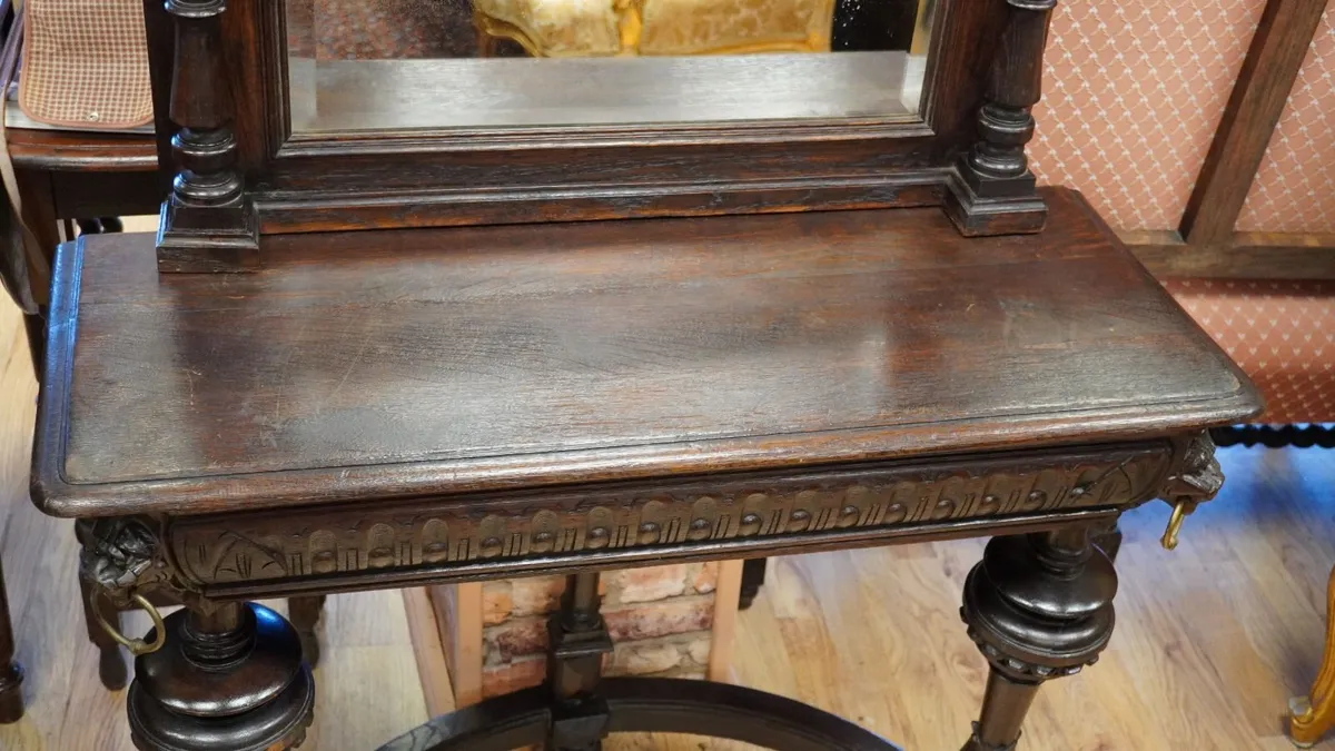 Antique Gothic Revival Oak Hall Console with Mirro - Image 4