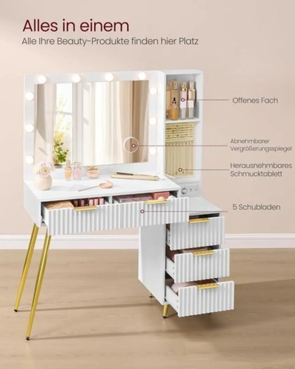 Dressing Table with LED Mirror, Drawers & Stool Wh - Image 2