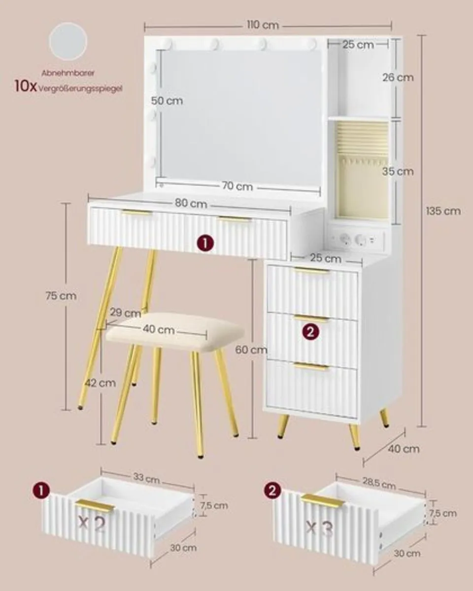 Dressing Table with LED Mirror, Drawers & Stool Wh - Image 4