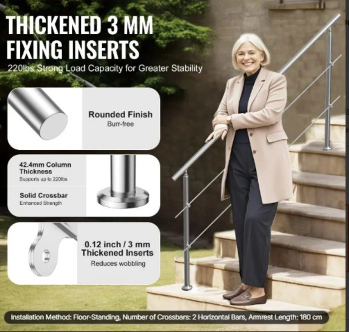 180.1 cm Handrails for Outdoor Steps 2 Crossbars - Image 2