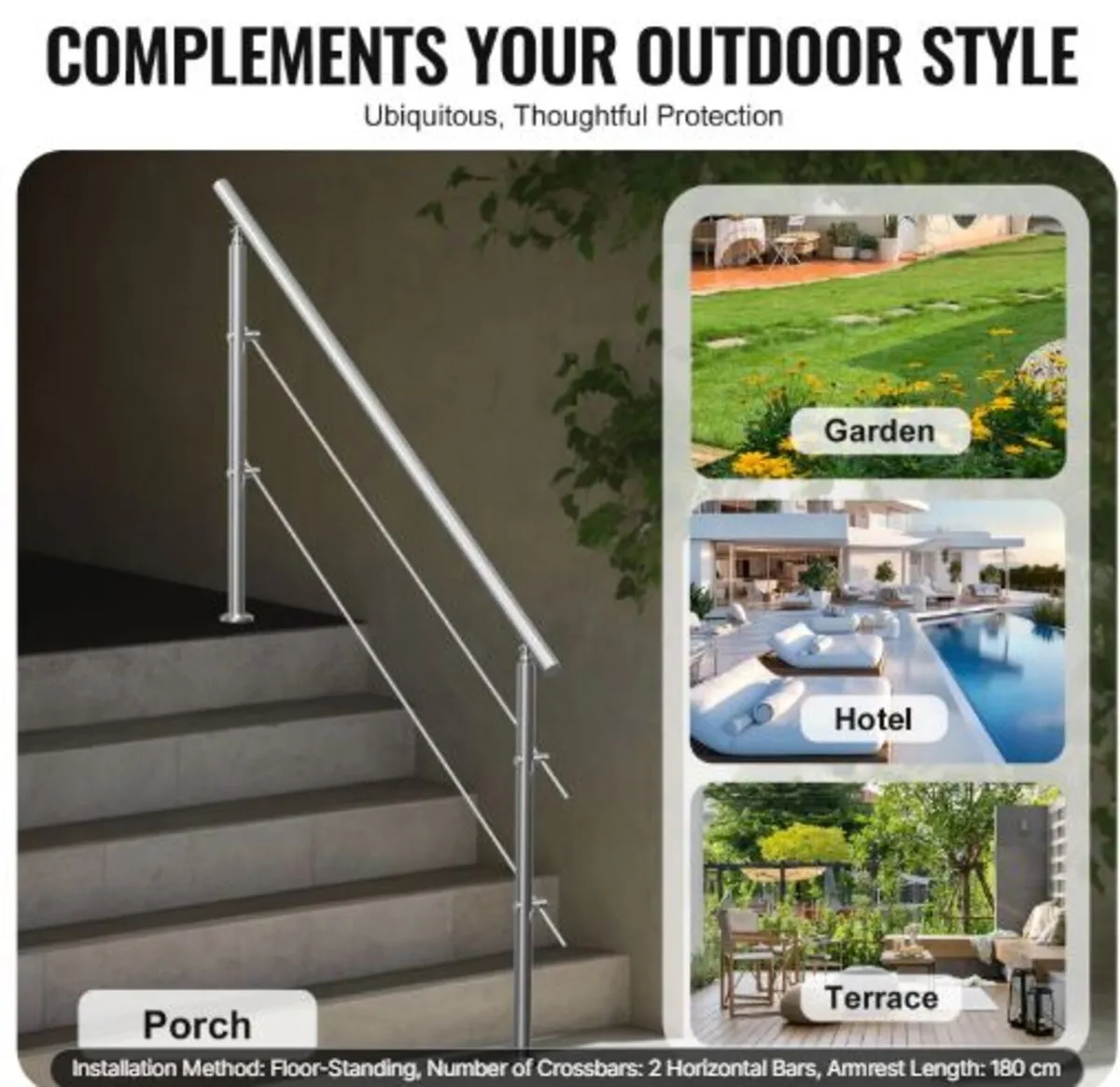 180.1 cm Handrails for Outdoor Steps 2 Crossbars - Image 3