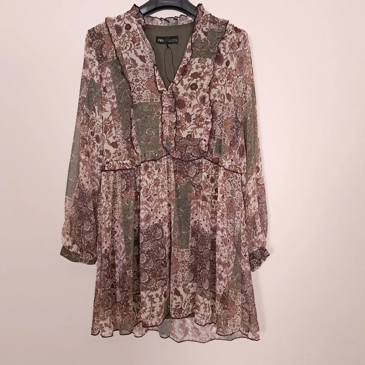 Zara Green Brown Patchwork Floral Mini Dress L - Image 1