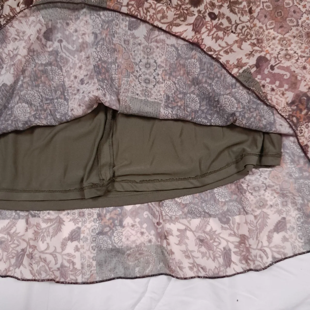 Zara Green Brown Patchwork Floral Mini Dress L - Image 3