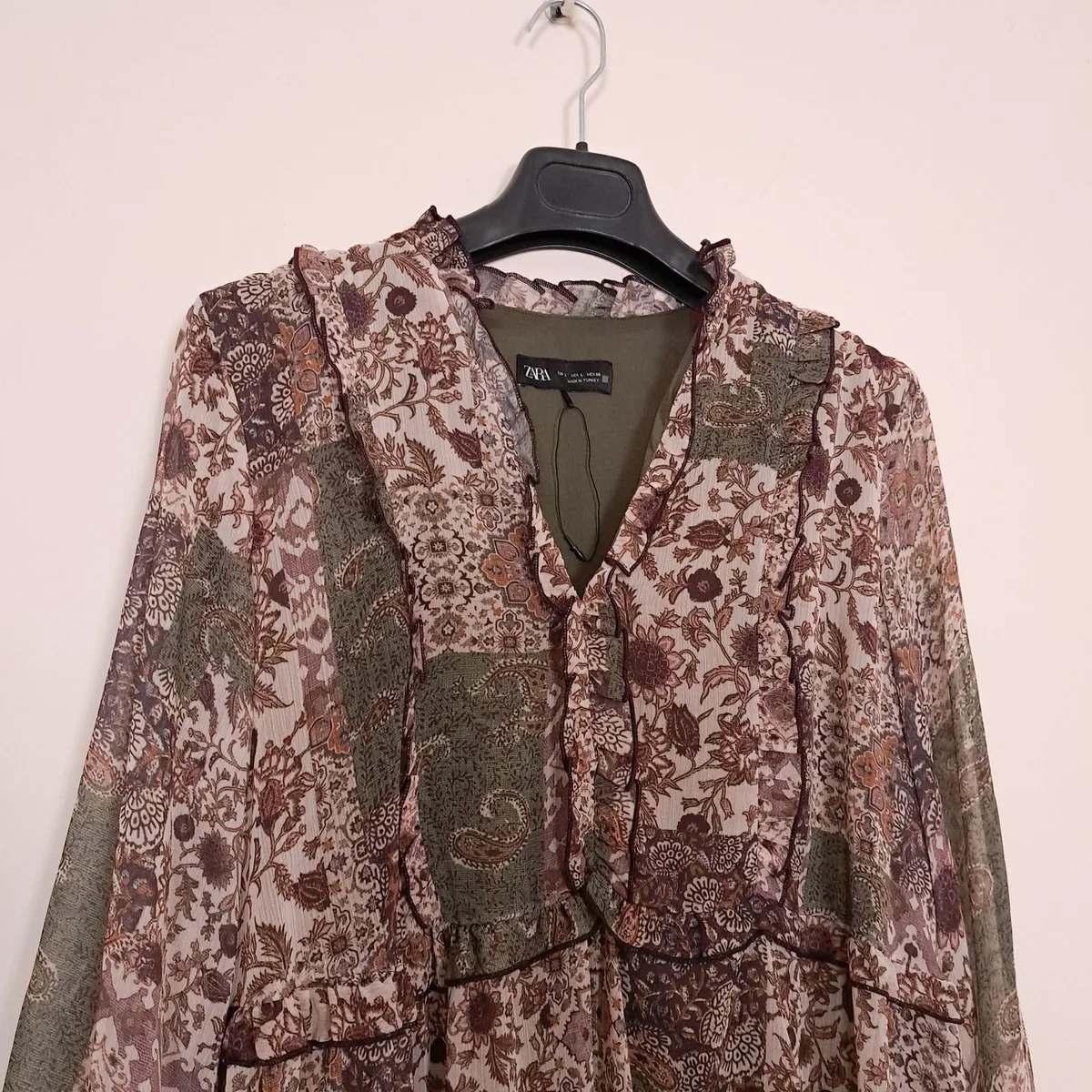 Zara Green Brown Patchwork Floral Mini Dress L - Image 4