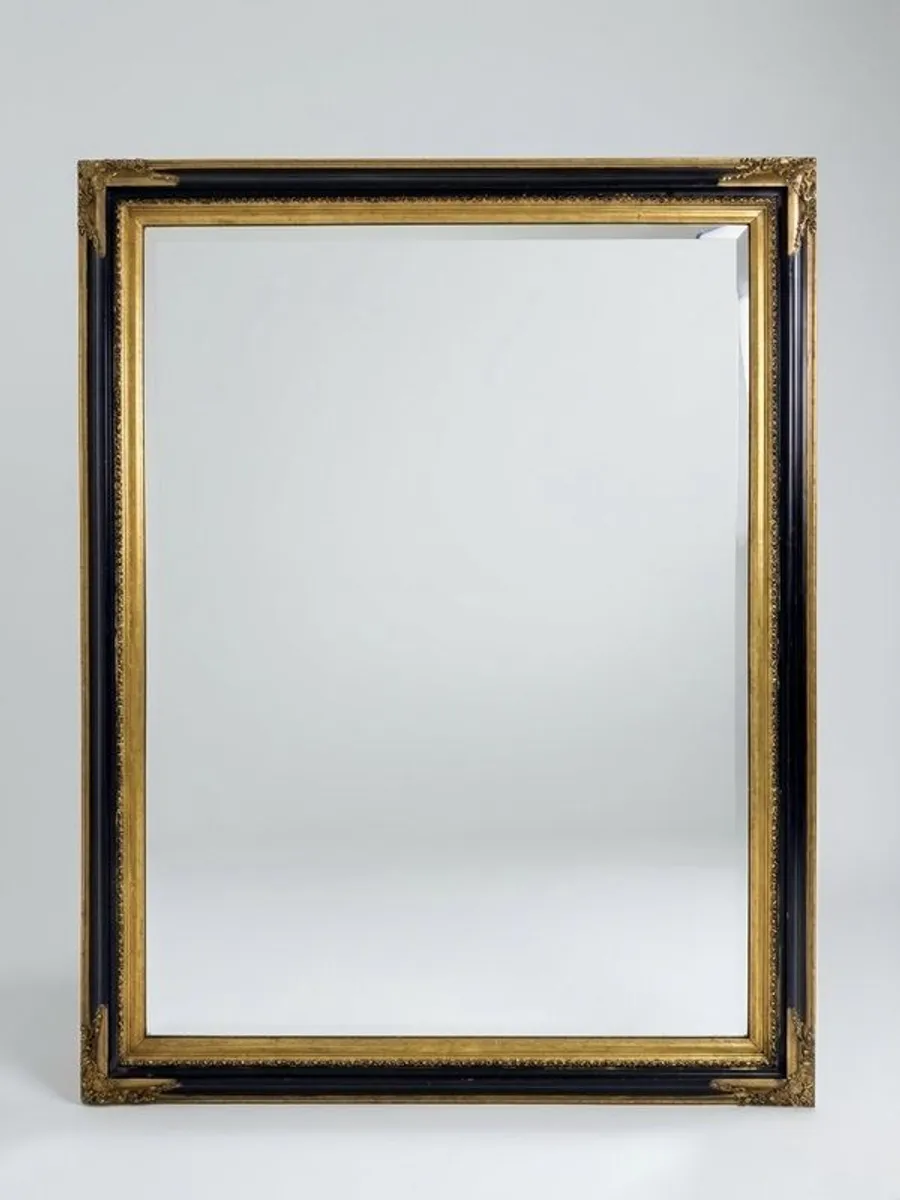 Large Black & Parcel Gilt Beveled Mirror