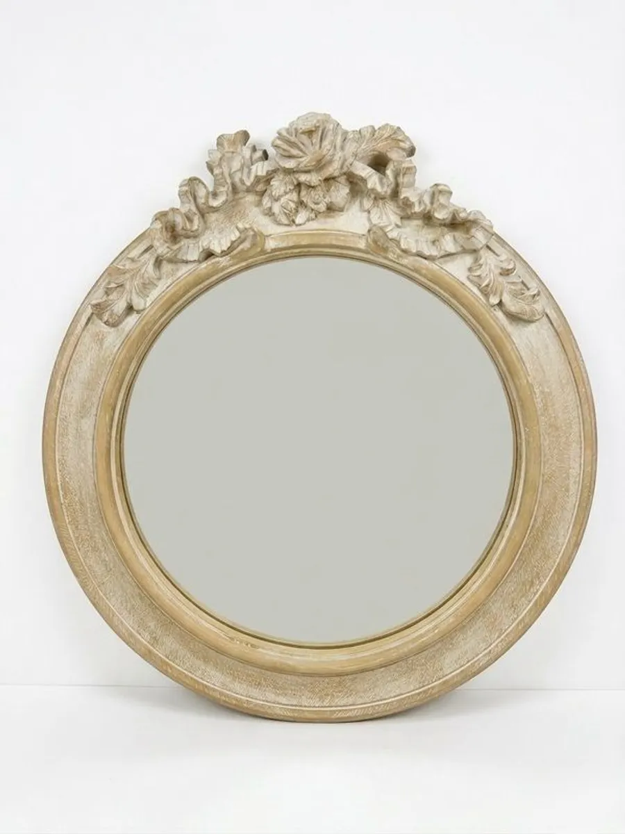 Louis XVI Style Oval Mirror with Distressed Off White Patina - Image 1