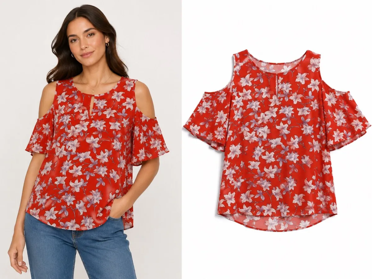 Ladies Red Floral Cold Shoulder Top: Size 8 - Image 1