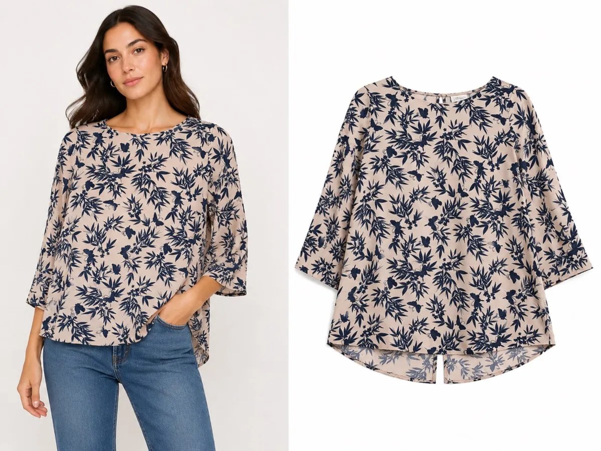 Beige blouse featuring a navy blue leaf: Size 8 - Image 1