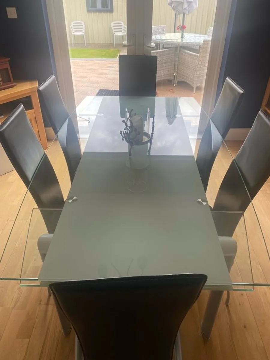 Glass & Chrome Dining Room Table with 6 Black leather and Chrome Chairs - Image 3