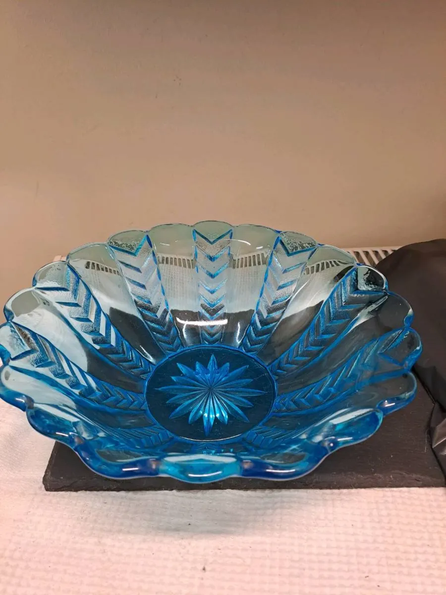 Vintage Blue Pressed Glass Fruit Bowl - Image 3