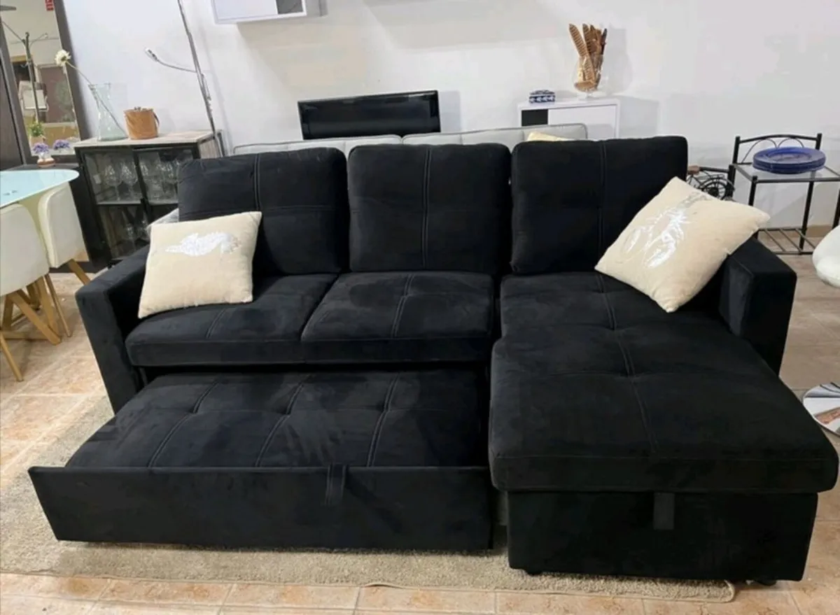 Black Velvet corner sofa bed with storage - Image 1