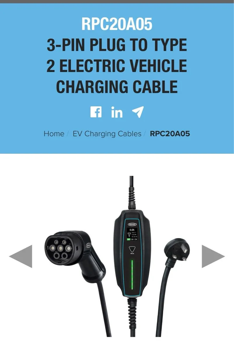 Ring 3-PIN plug to Type 2 EV Charging Cable - Image 1
