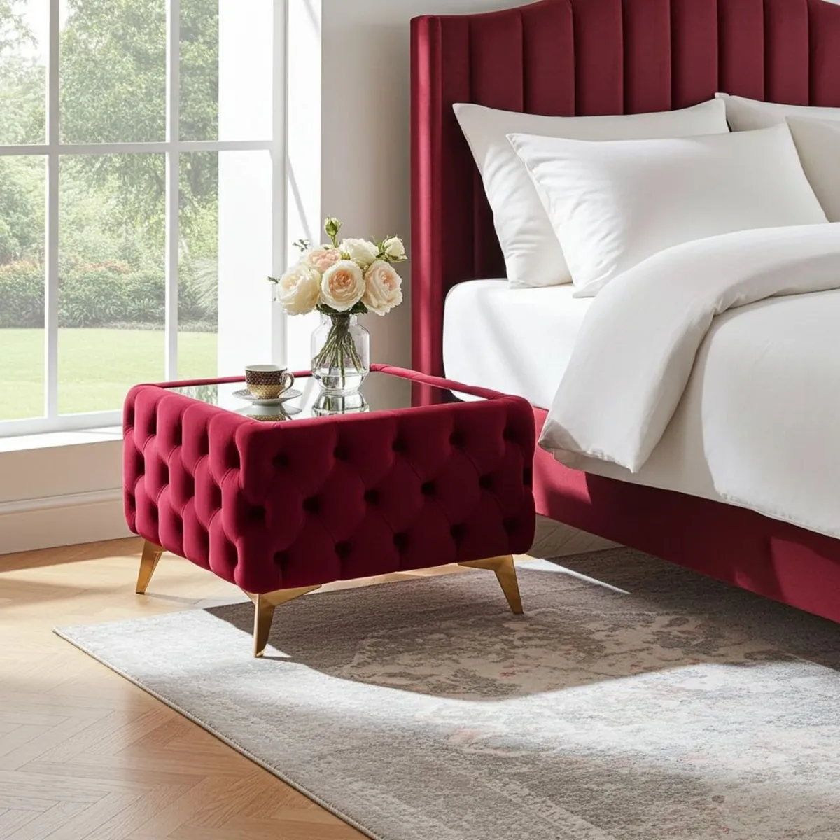 Velvet coffe table with glass RED