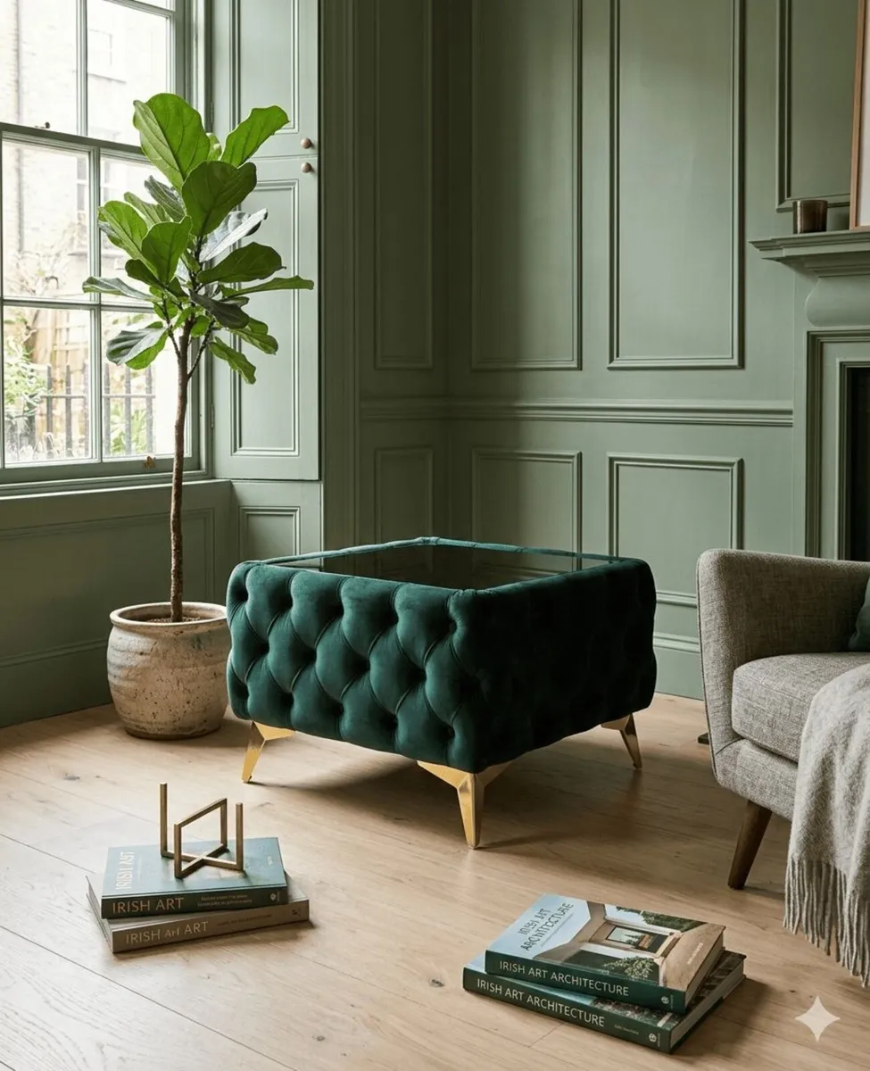 Chesterfield coffee table with glass GREEN - Image 1