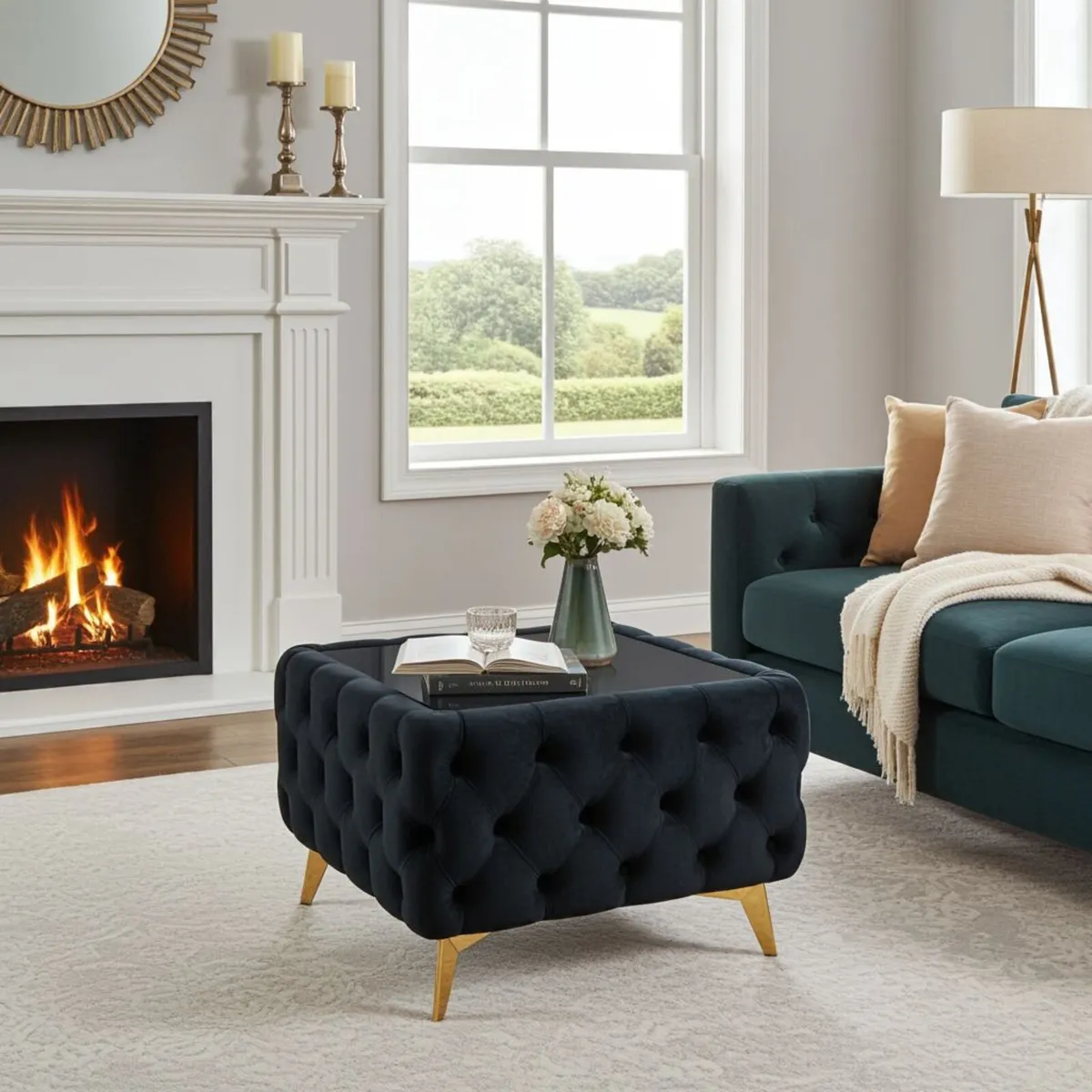Chesterfield coffee table with glass GREEN - Image 3