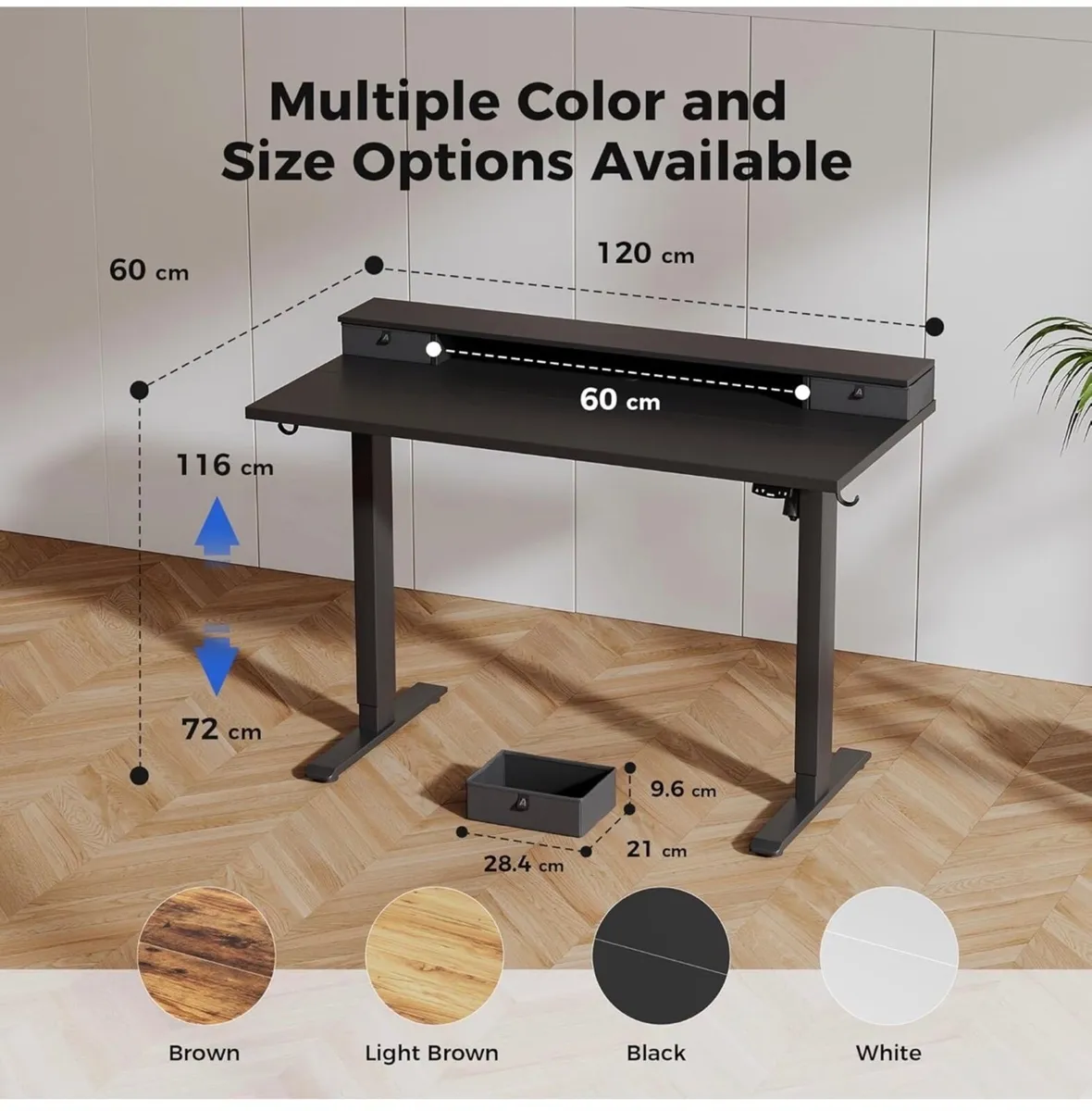 Height Adjustable Desk with Two Drawers, 120 x 60 - Image 1