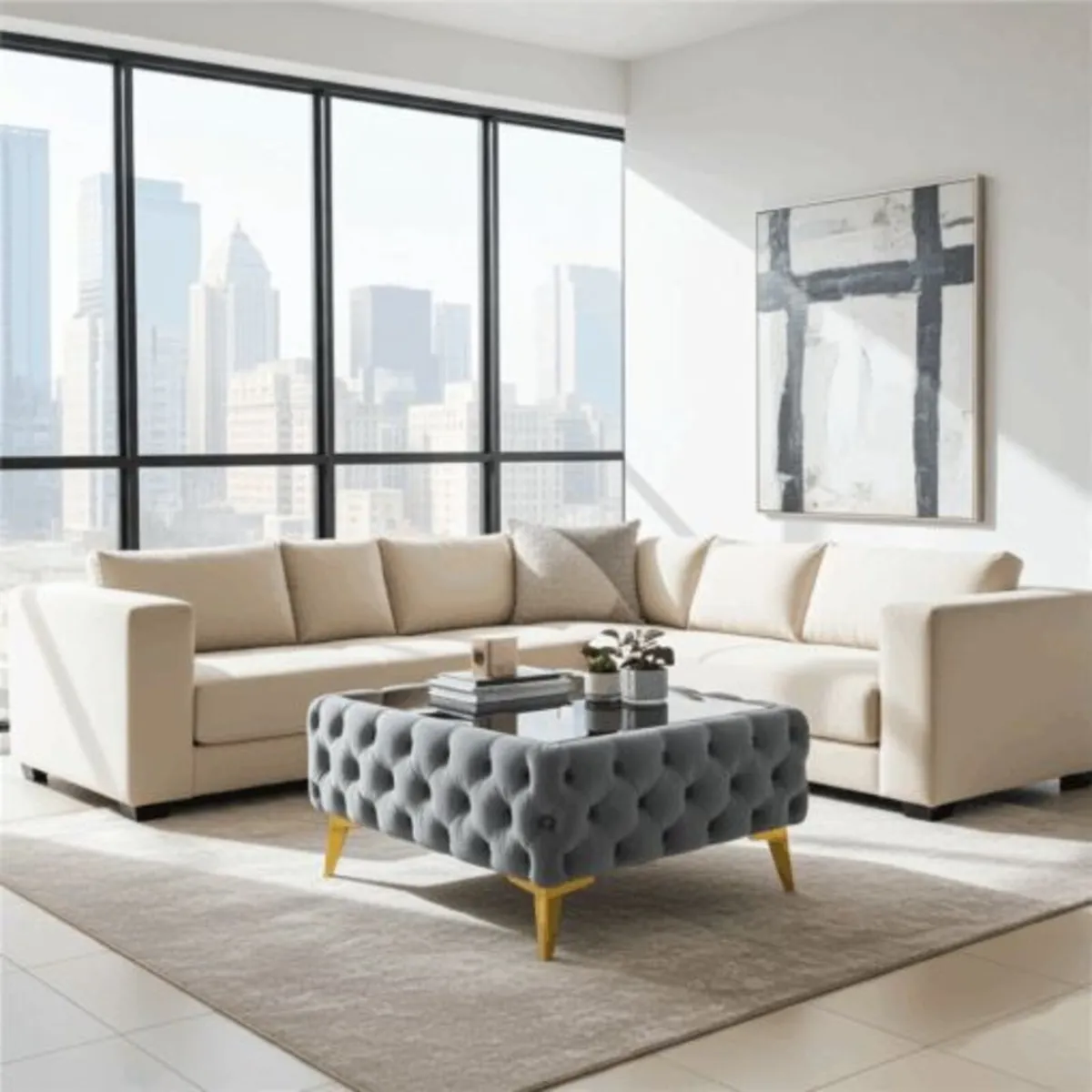 Chesterfield coffee table velvet and  glass - Image 2
