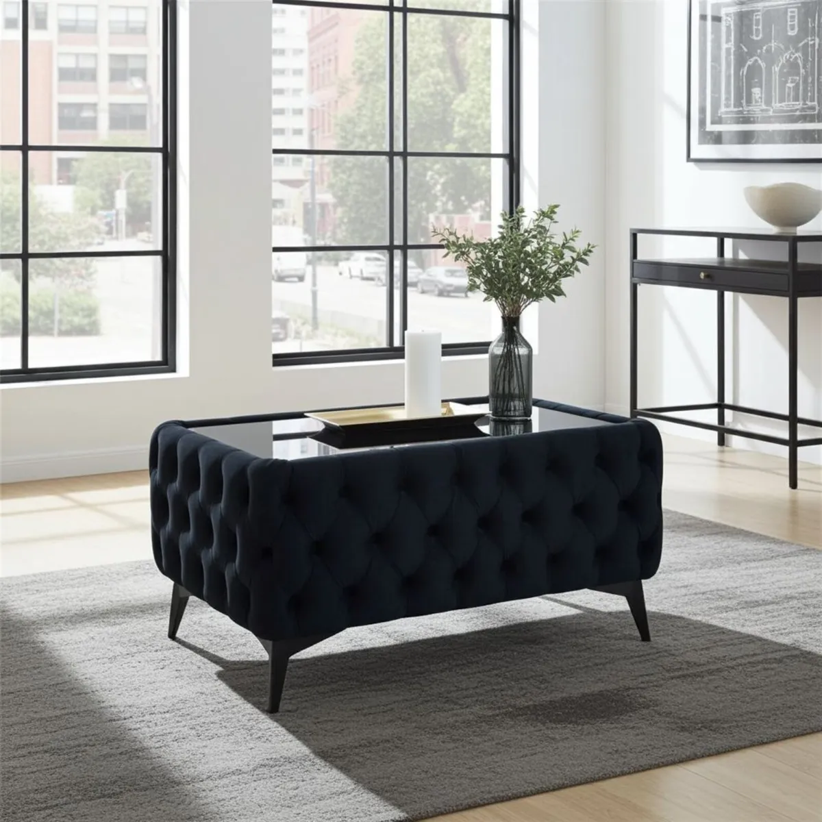 Velvet coffee table with glass 83x63x45 - Image 2