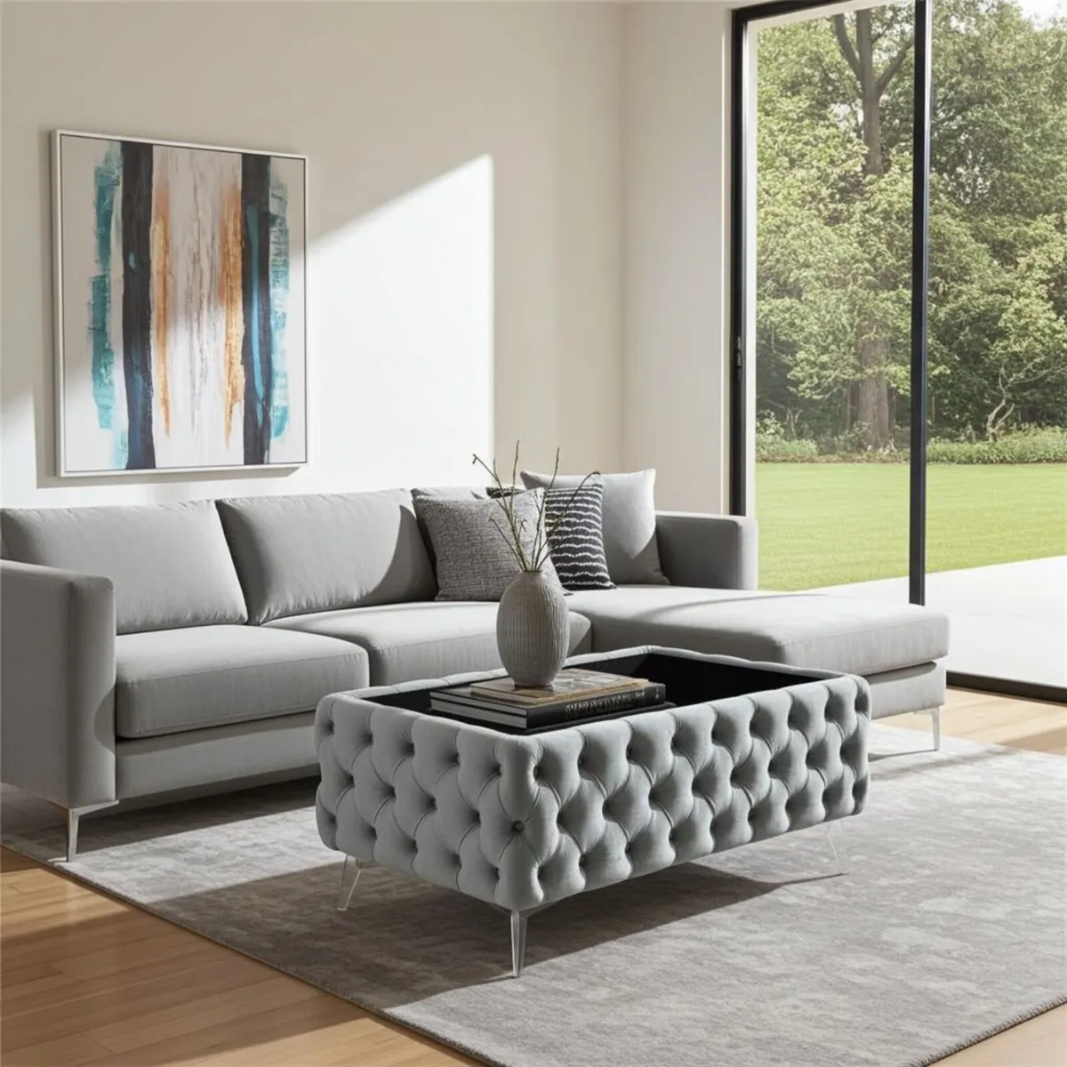 Velvet coffee table with glass 83x63x45 - Image 4