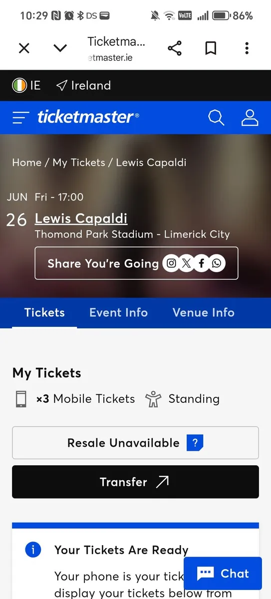 3 x standing tickets Lewis Capaldi Thomand Park