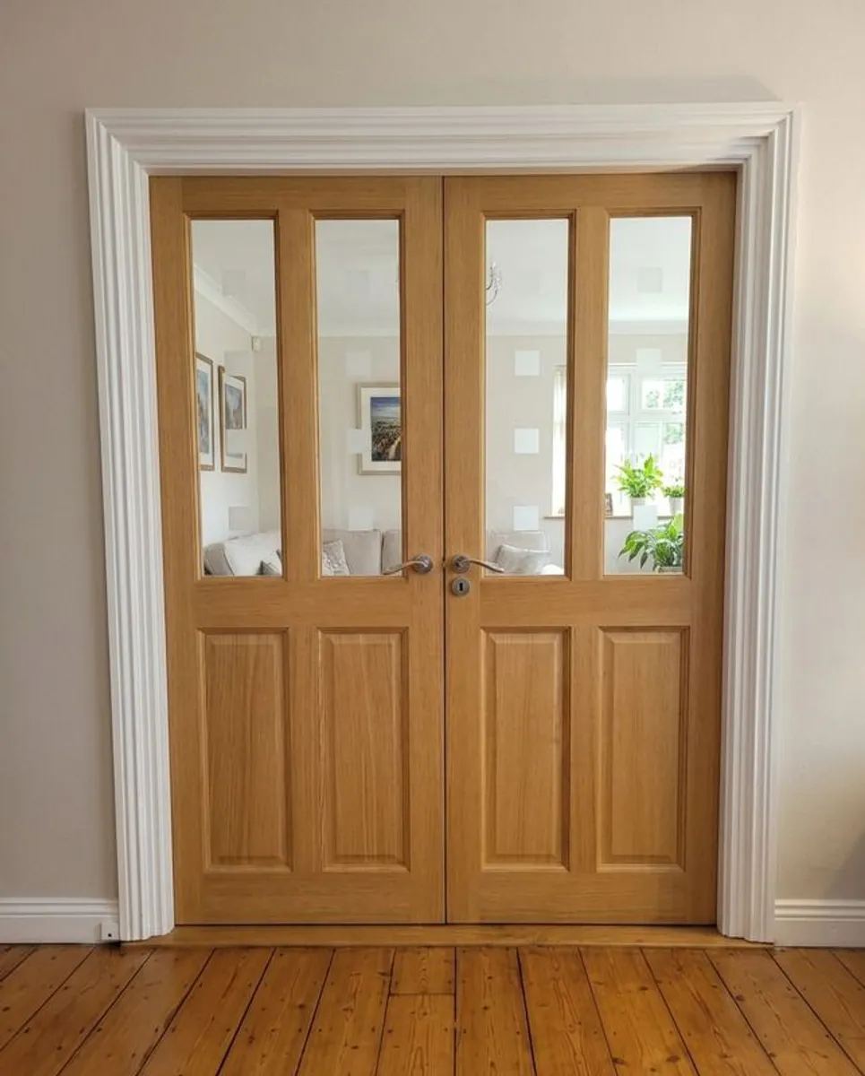 Premium Solid Oak Glazed Double Doors - 180 degree Fold-Back Hinges - Image 1