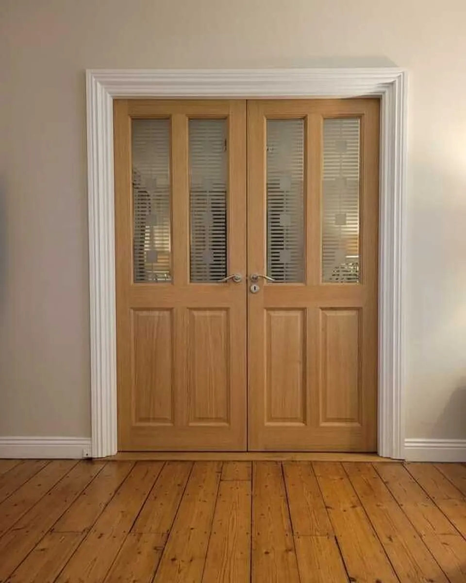Premium Solid Oak Glazed Double Doors - 180 degree Fold-Back Hinges - Image 2