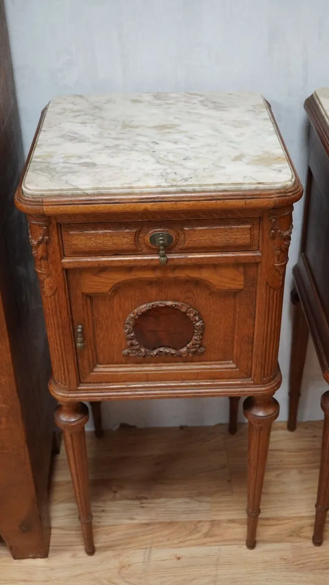 Pair of Antique French Oak Marble-Top Bedside Cabi - Image 2