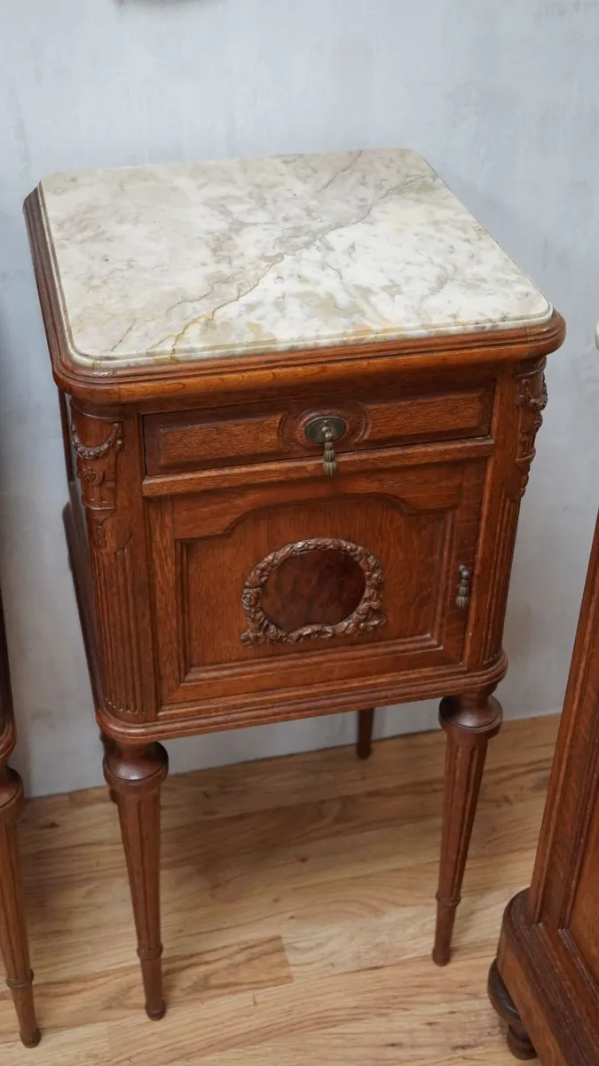 Pair of Antique French Oak Marble-Top Bedside Cabi - Image 3