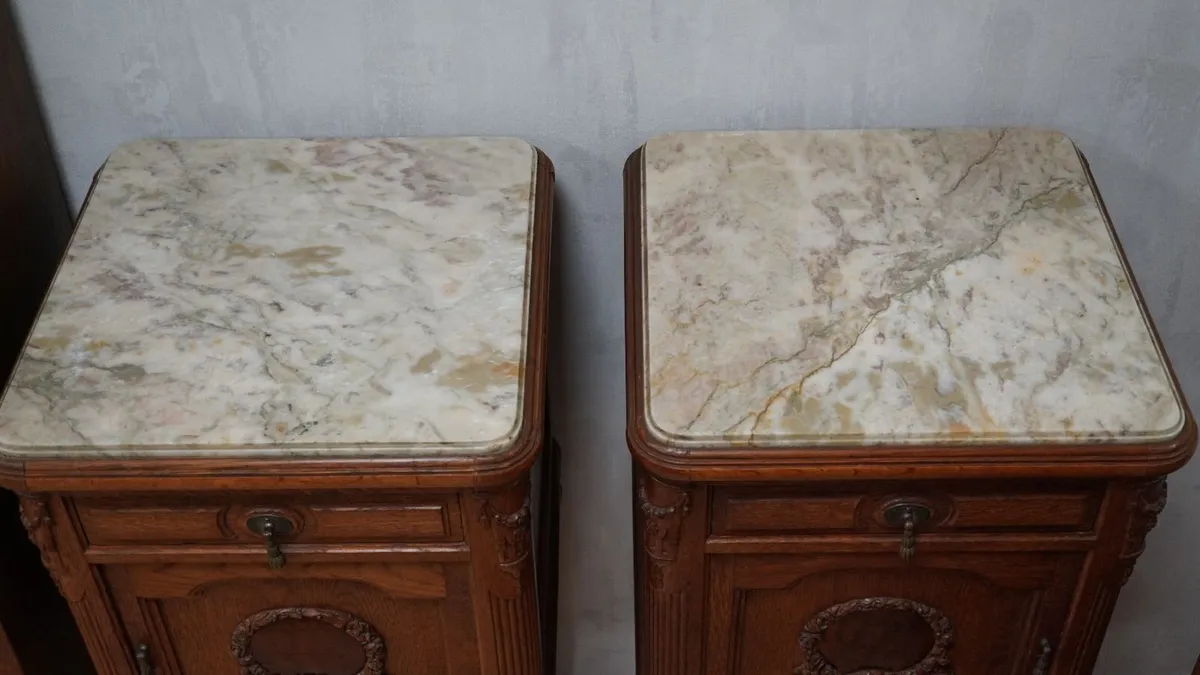 Pair of Antique French Oak Marble-Top Bedside Cabi - Image 4
