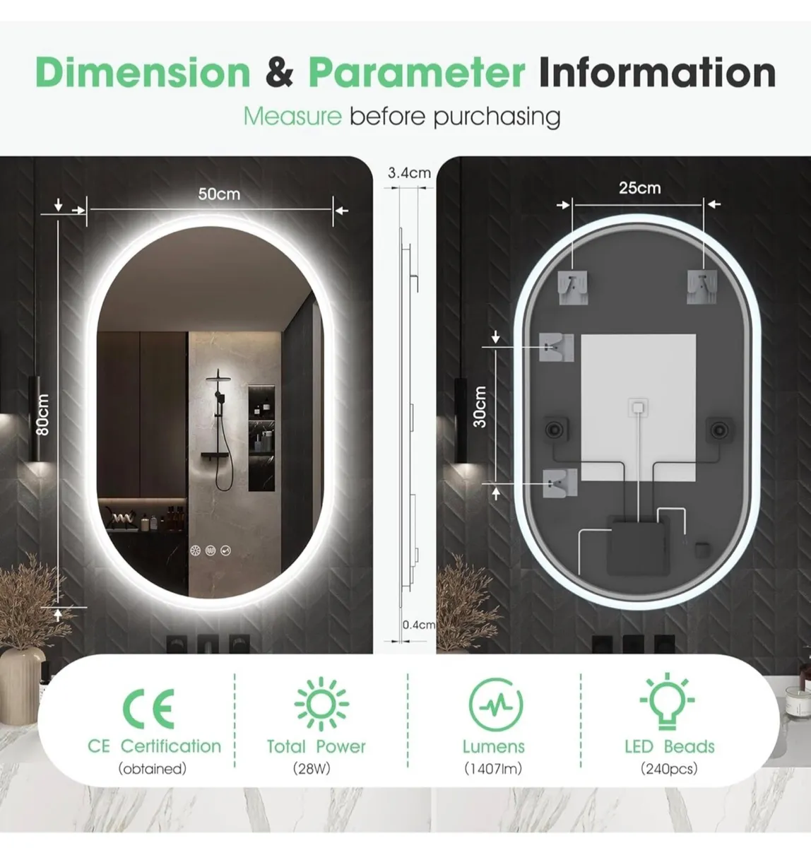 Oval Bluetooth Bathroom Mirror with LED Lights 500 - Image 2
