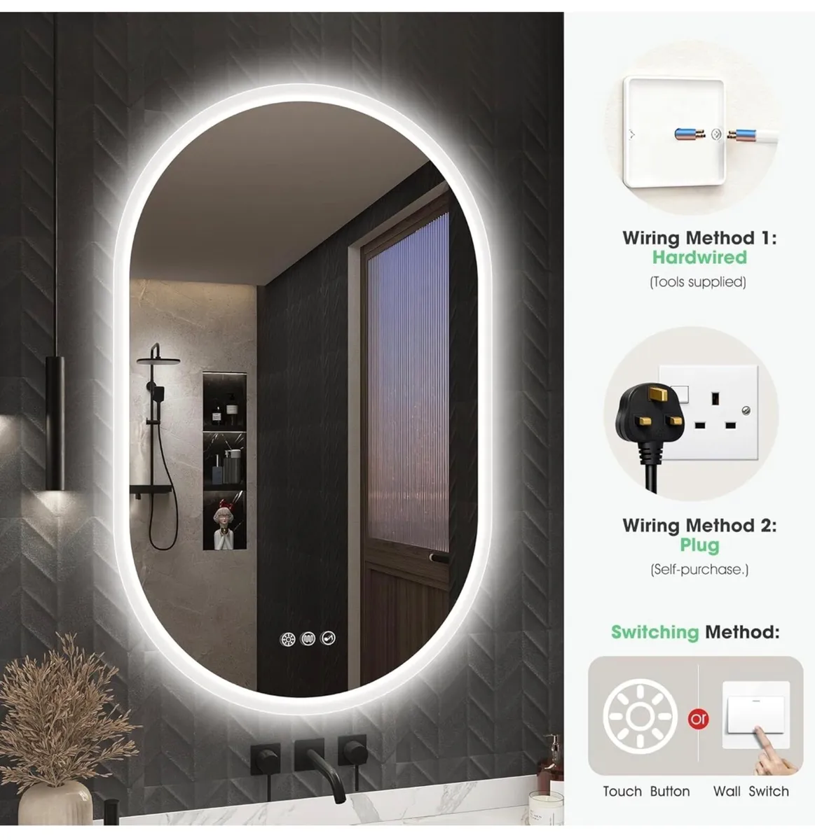 Oval Bluetooth Bathroom Mirror with LED Lights 500 - Image 3