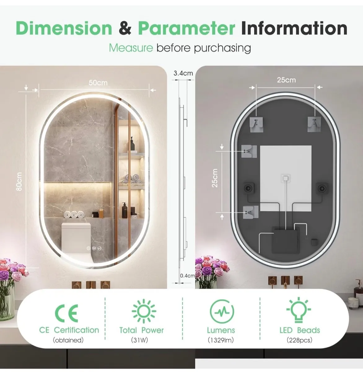 Oval Bathroom Mirror with LED Lights 500x800mm, Bl - Image 2