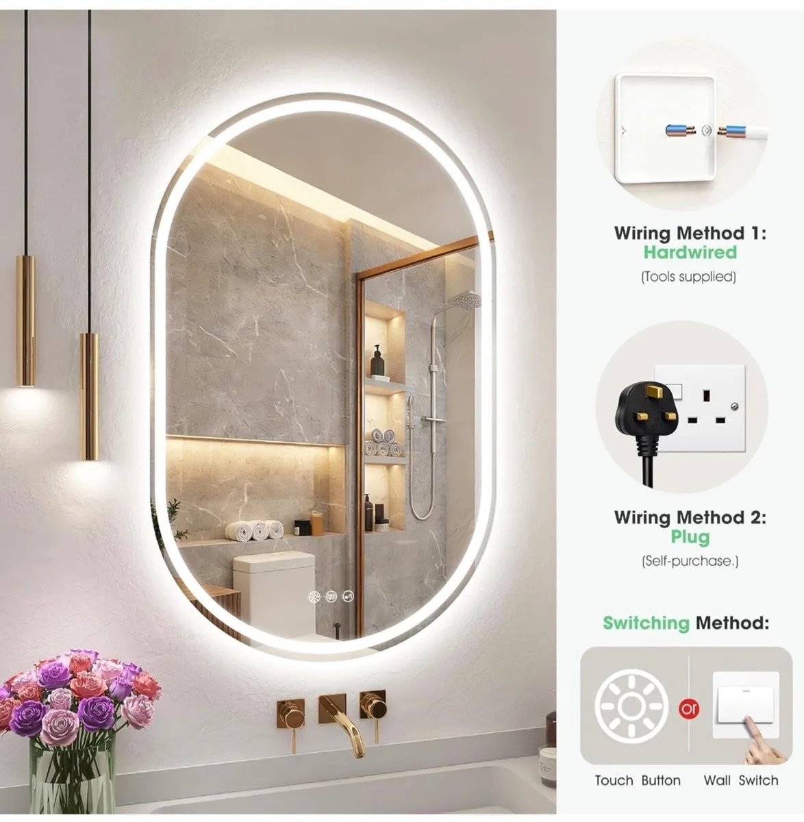 Oval Bathroom Mirror with LED Lights 500x800mm, Bl - Image 3