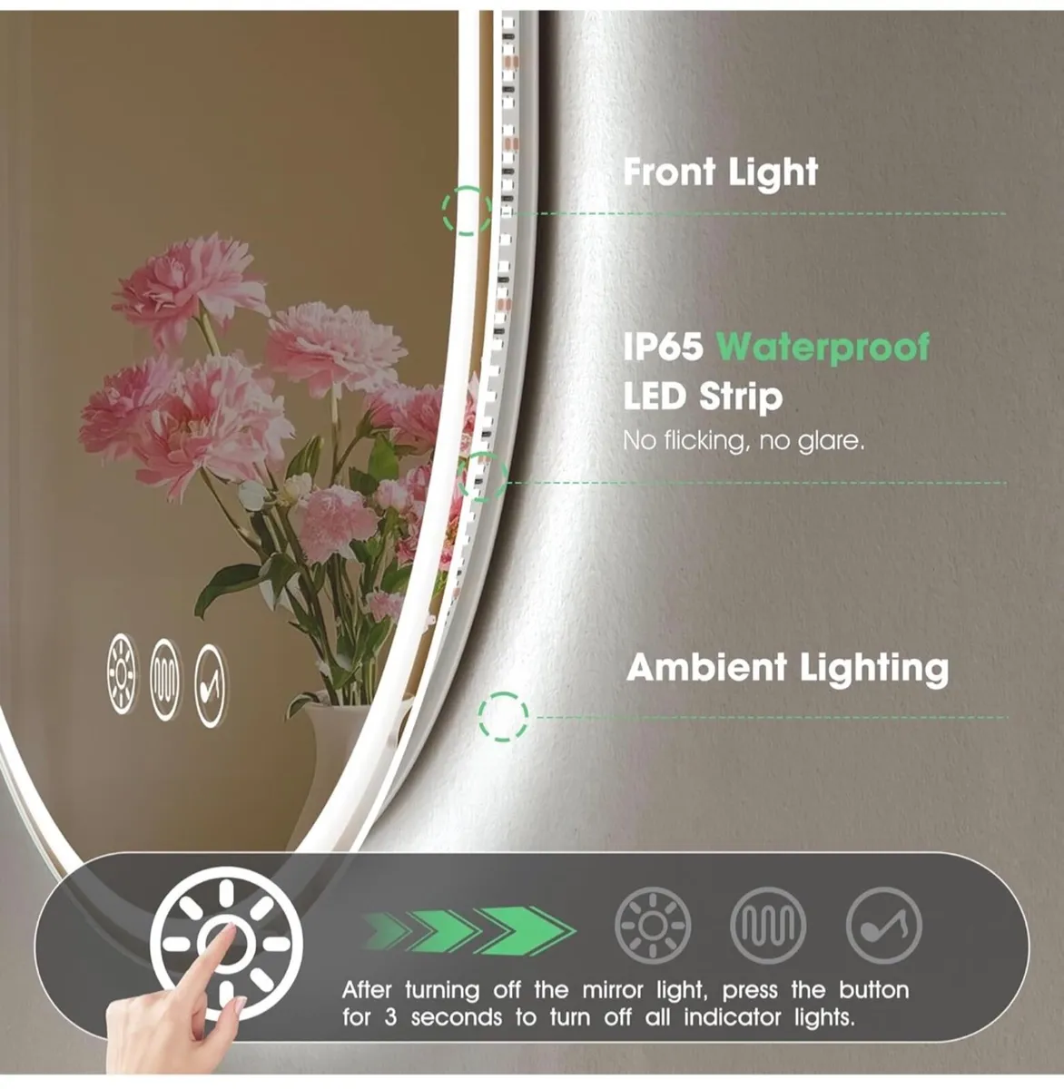 Oval Bathroom Mirror with LED Lights 500x800mm, Bl - Image 4