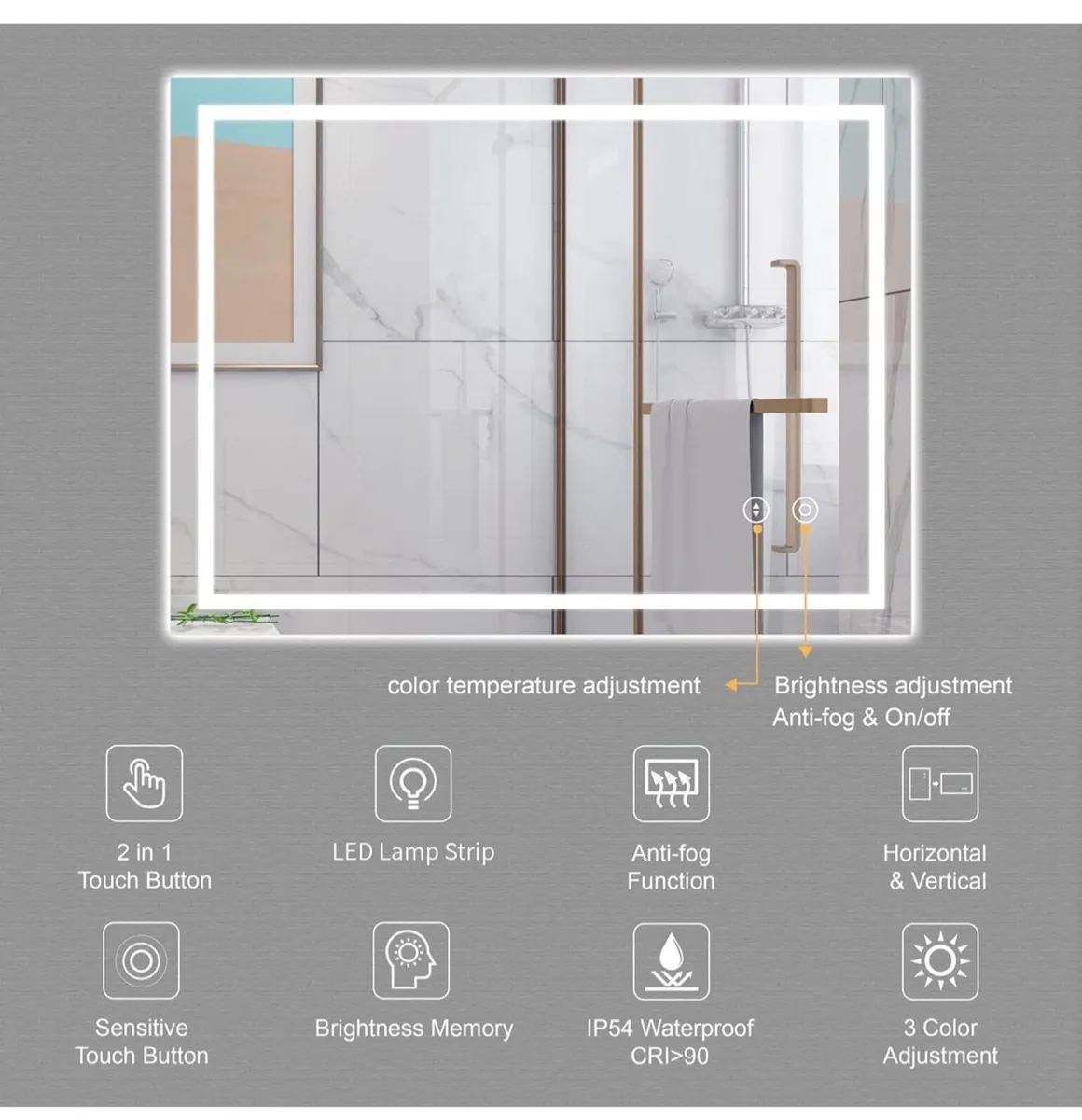 Bathroom Mirror with LED Lights, 500x700 MM Illumi - Image 3
