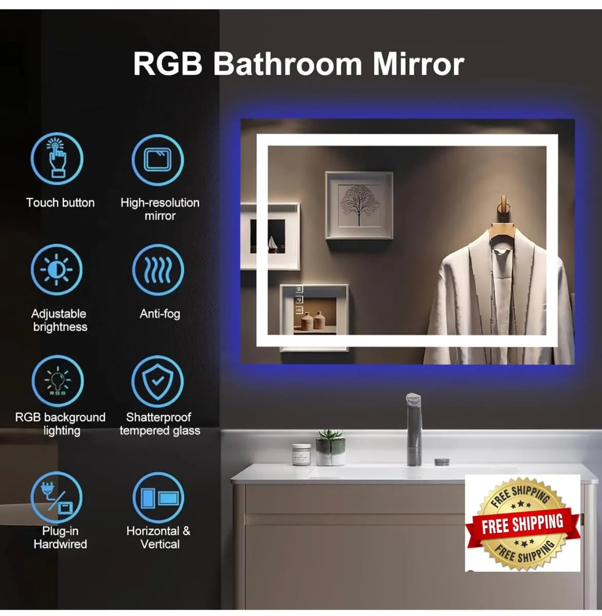 Smart Illuminated Wall Mirror for Bathroom, 70x50c - Image 1